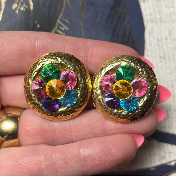 Vintage 80s 1980s Large Oversized Gold Gemstone Flower Clip Earrings D1 - Picture 2 of 10
